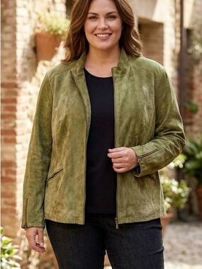Laura Plus Gorpcore Olive Green Faux Suede Moto Jacket 1X Transitional Luxury